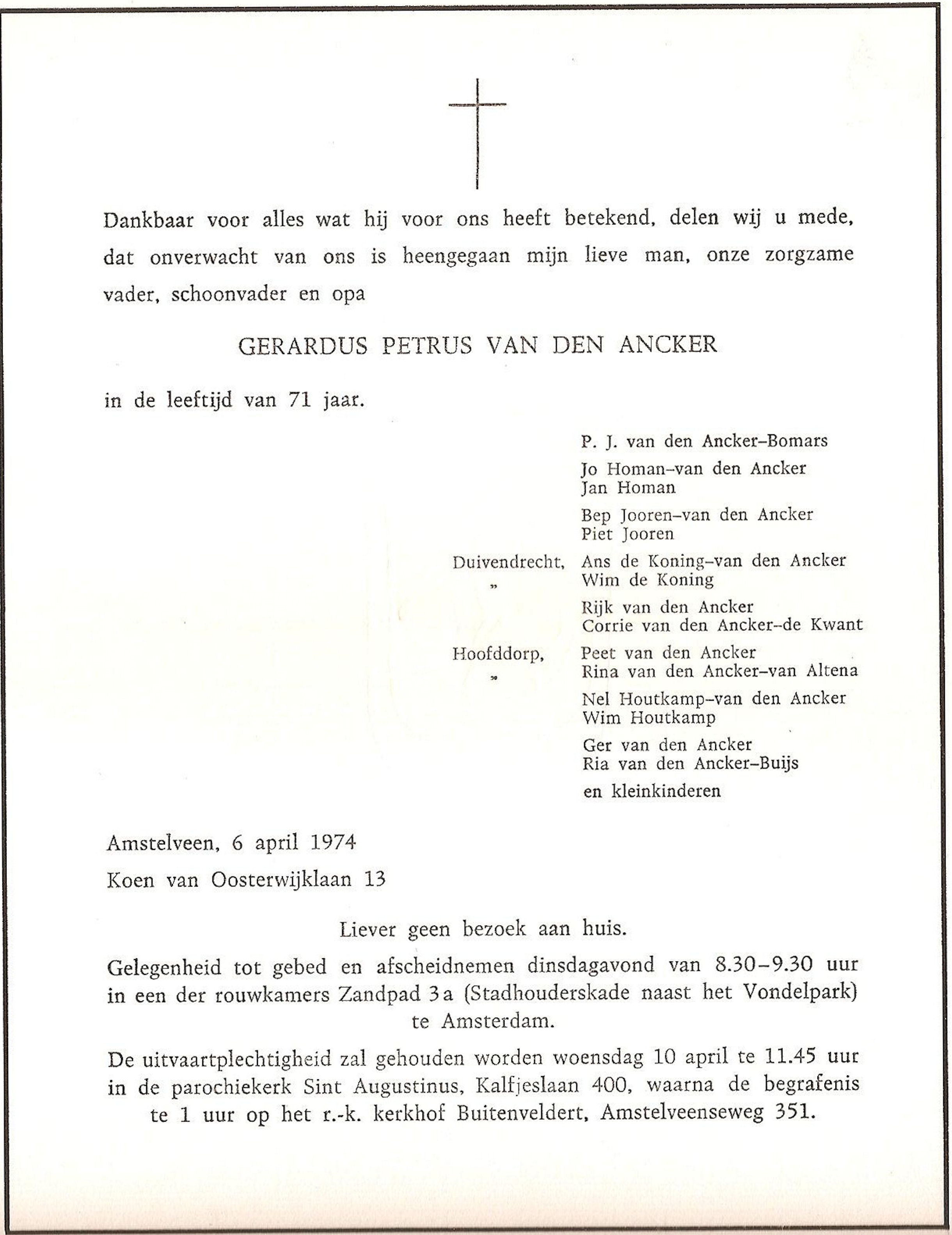 Overlijdenskaart Gerrit van den Ancker